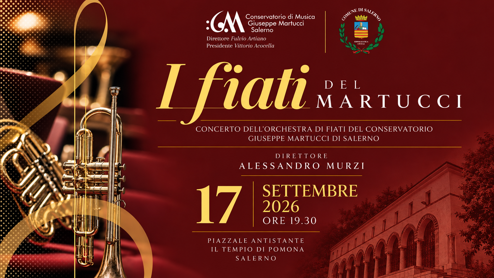 “I Fiati del Martucci”: il 17 settembre concerto al Tempio di Pomona